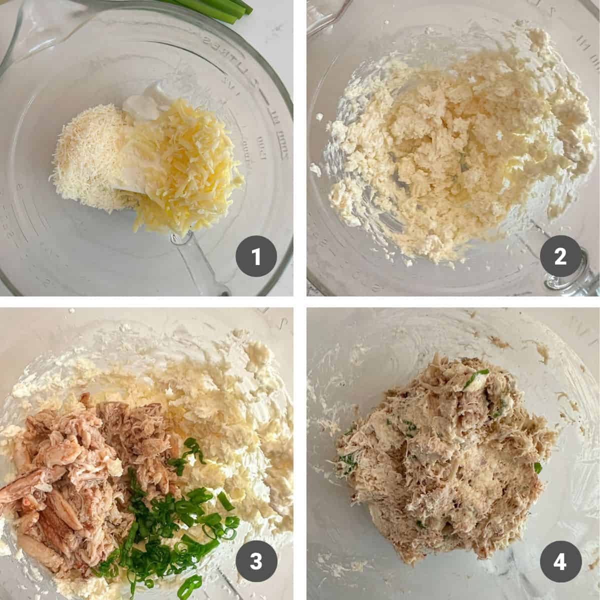 Mixing cheese, crab, and green onion in a mixing bowl.
