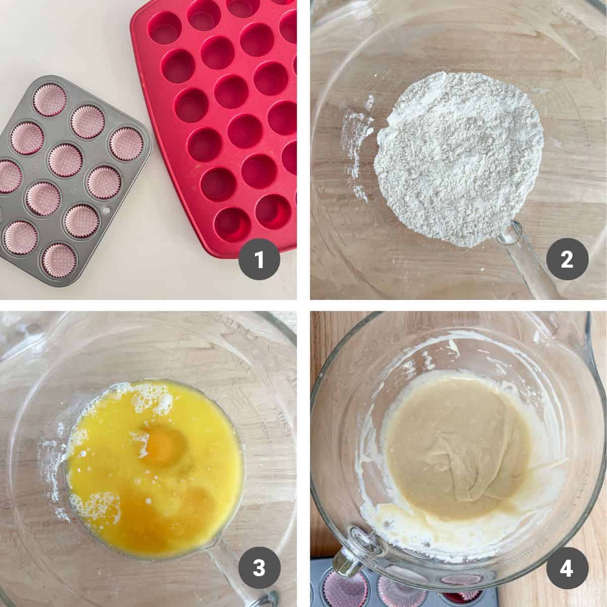 Mixing batter for mini raspberry muffins.