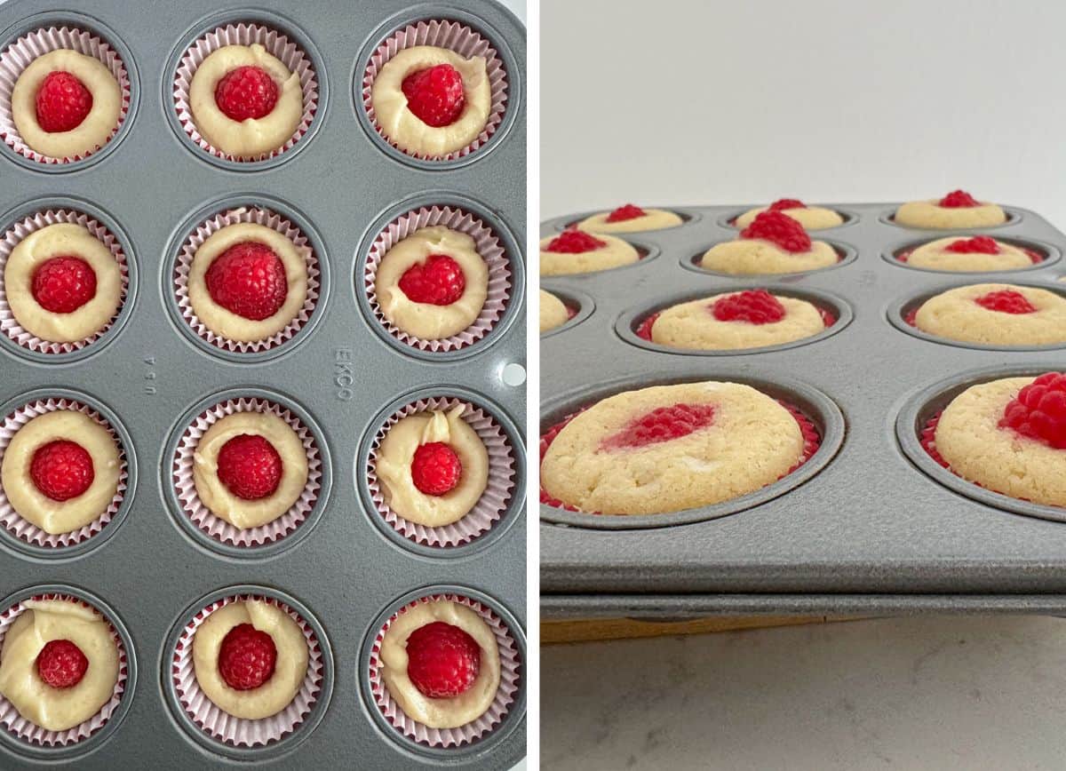 Unbaked and baked mini raspberry muffins in a muffin pan.