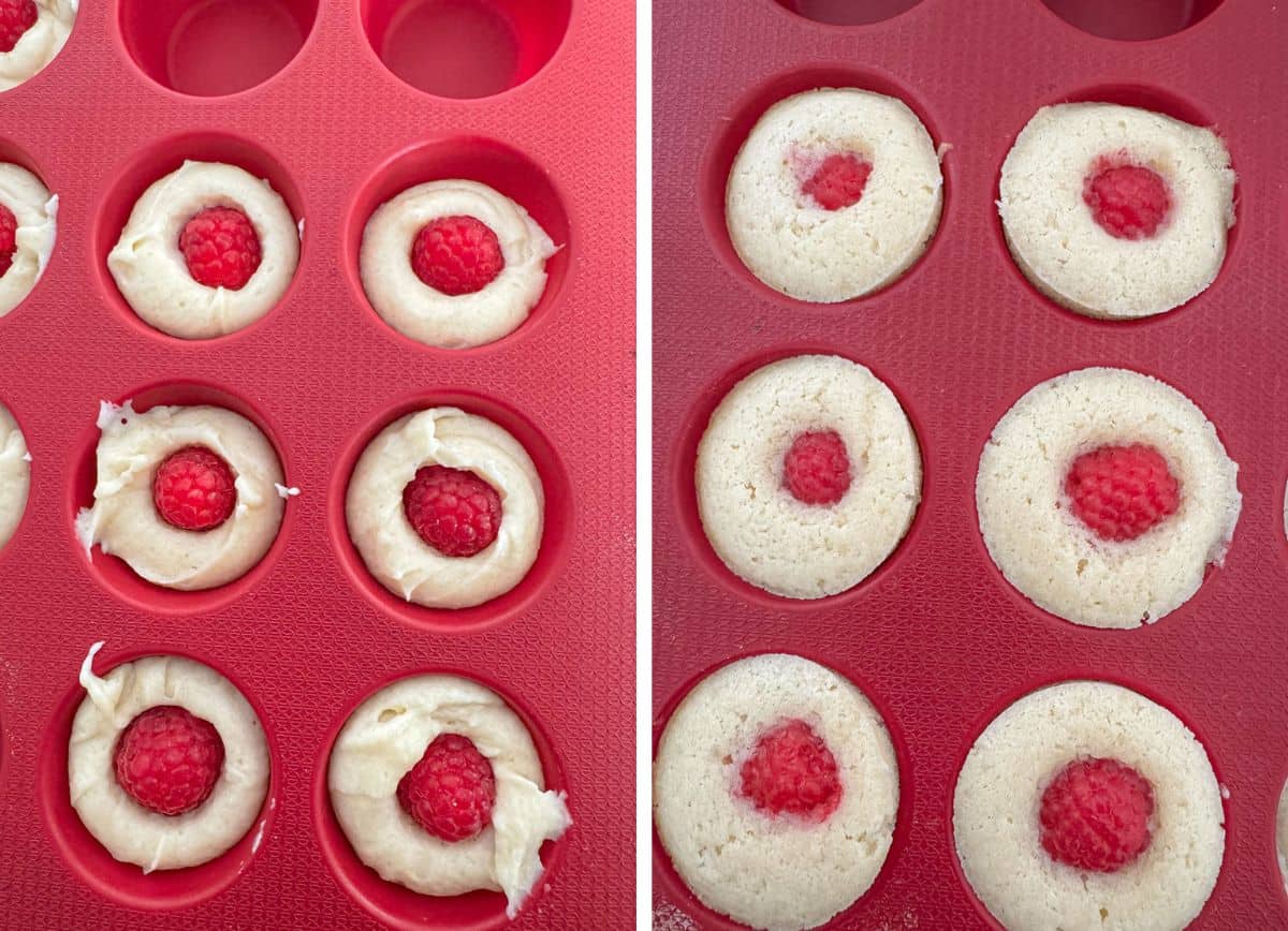 Unbaked and baked mini raspberry muffins in a silicone muffin pan.