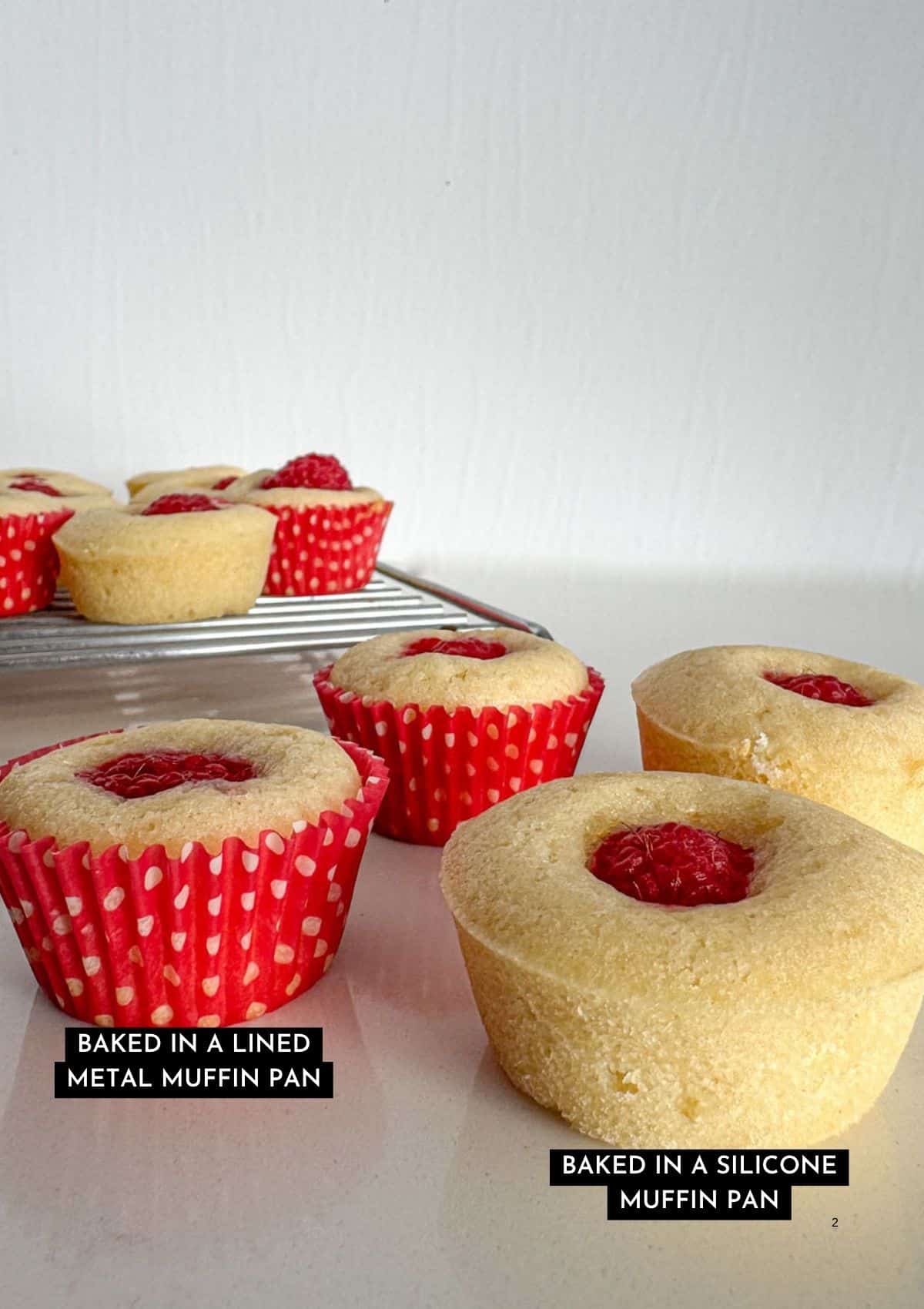 Mini muffin baked in a metal muffin pan and a mini muffin baked in a silicone muffin pan.