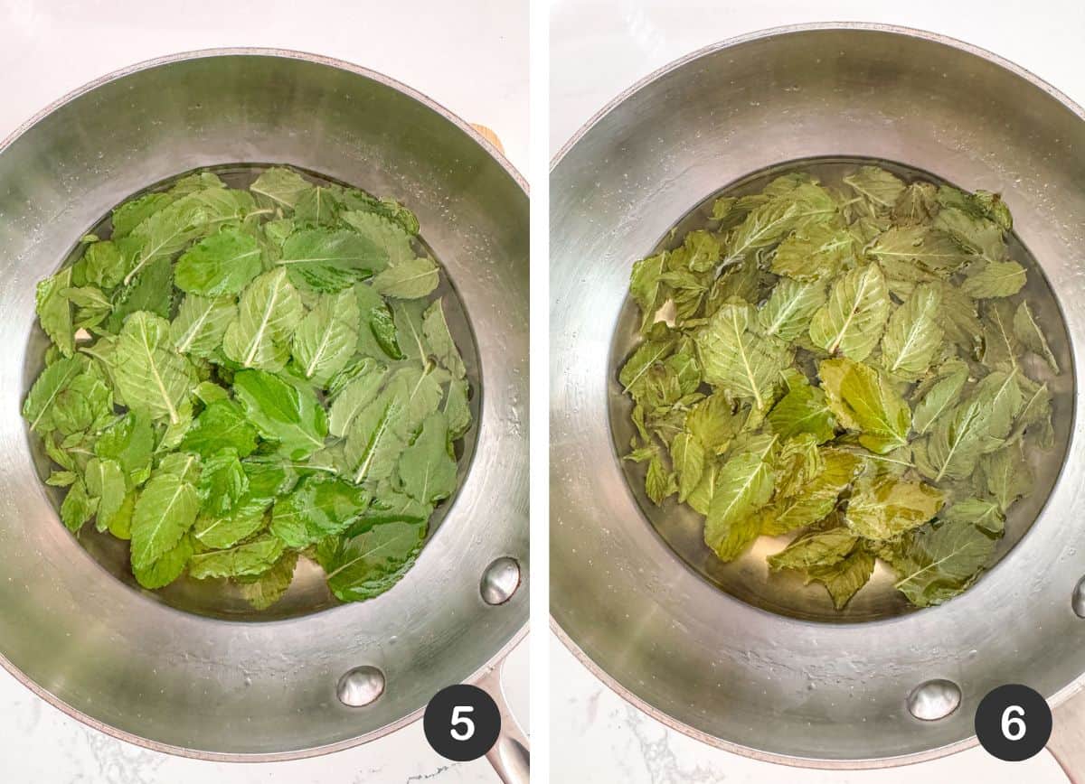 Pan with mint leaves before and after they've steeped for 20 minutes.