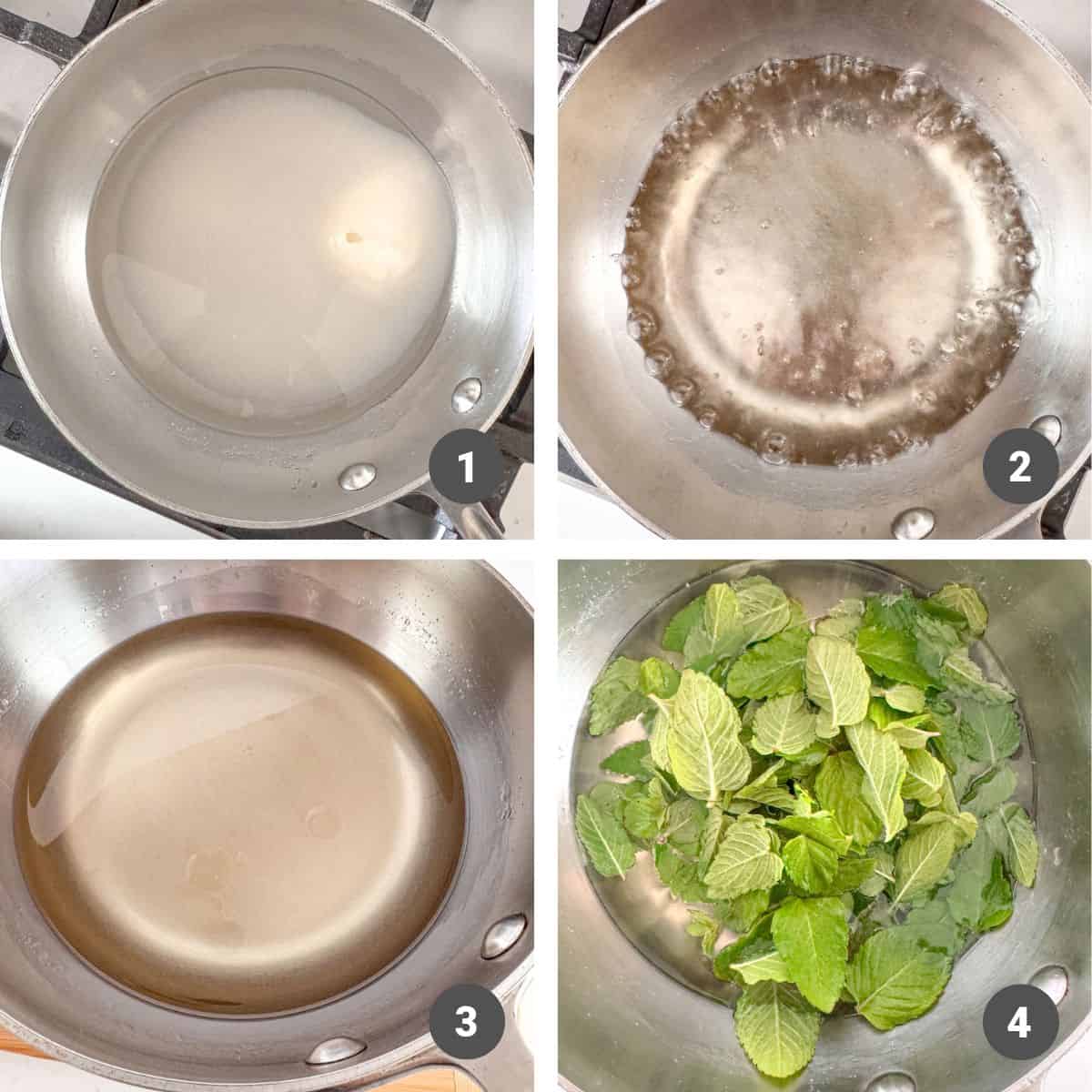 Boiling sugar in water to dissolve sugar, then added mint leaves to pan.