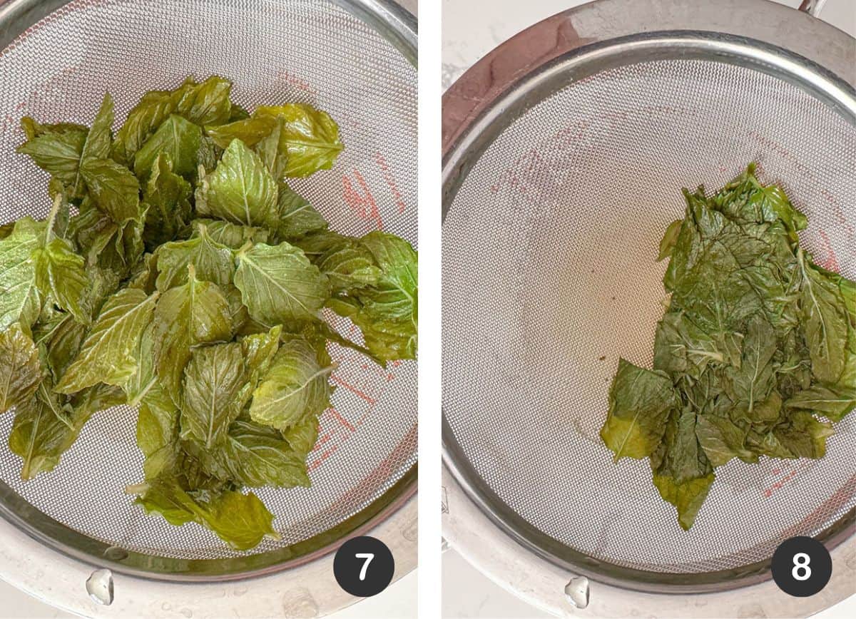 Fine mesh strainer with draining, steeped mint leaves.