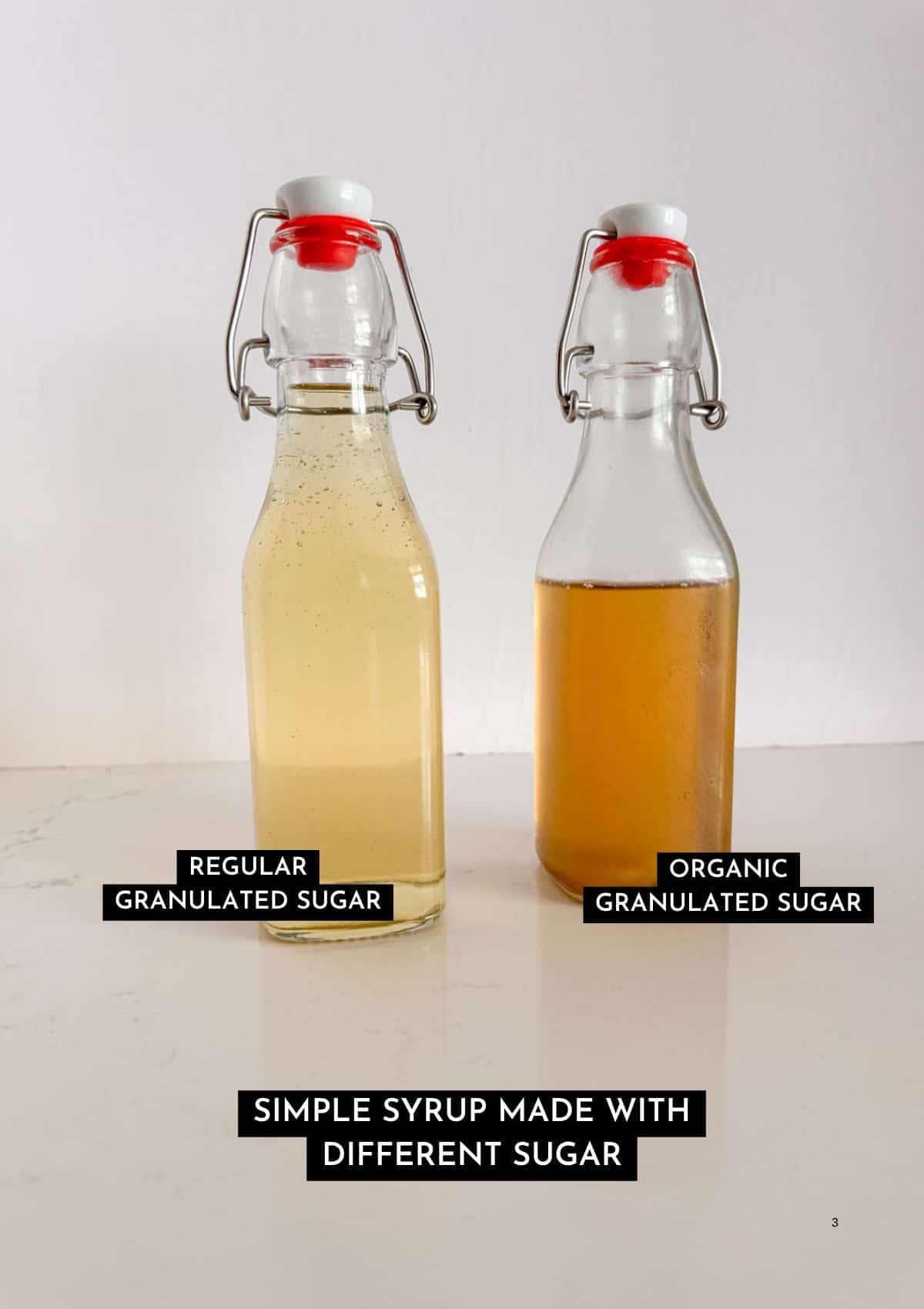 Two bottles of mint simple syrup, one with regular granulated sugar and one with organic granulated sugar.