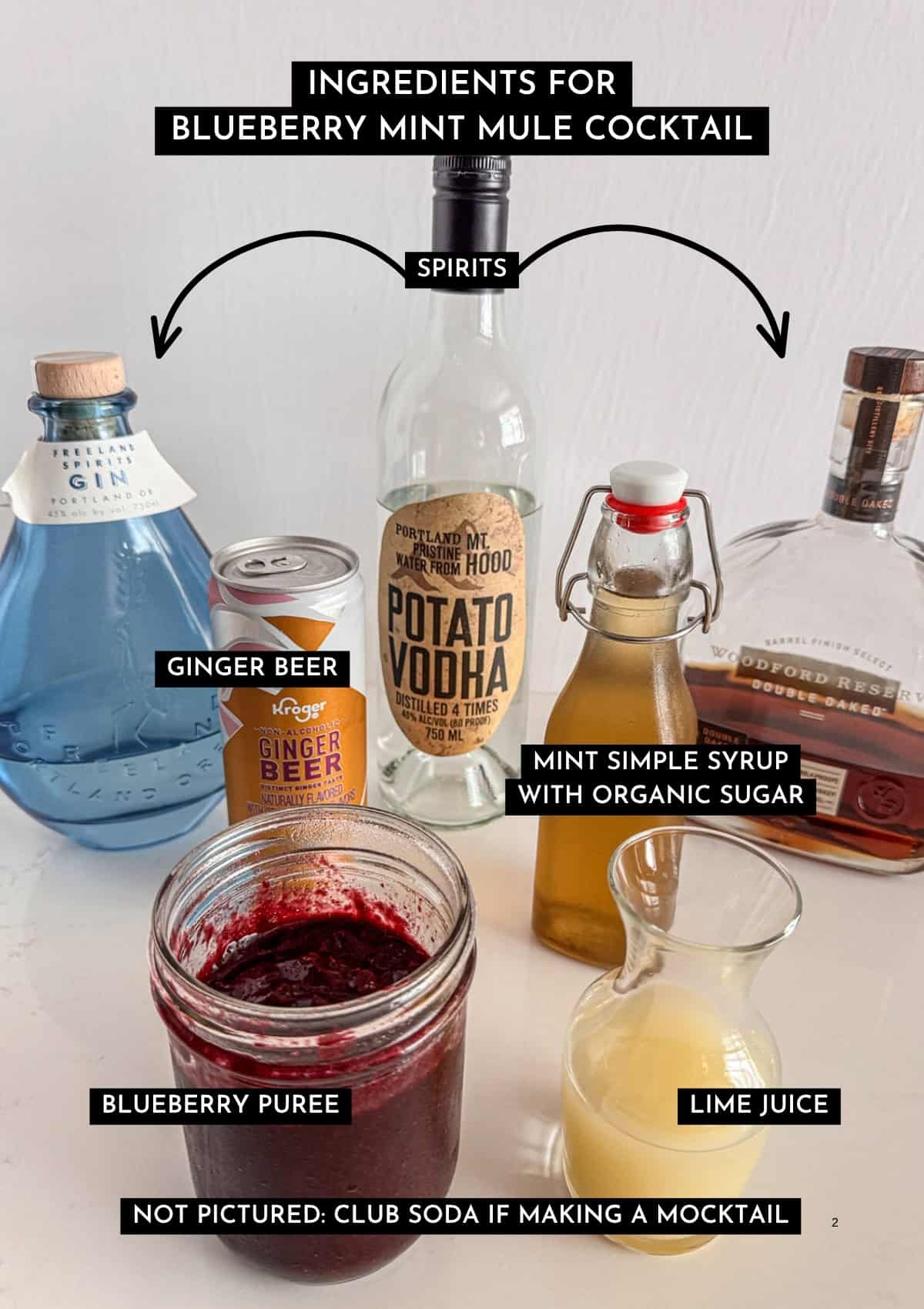 Blueberry puree, lime juice, mint simple syrup, ginger beer, and spirts for blueberry mint mule cocktail.