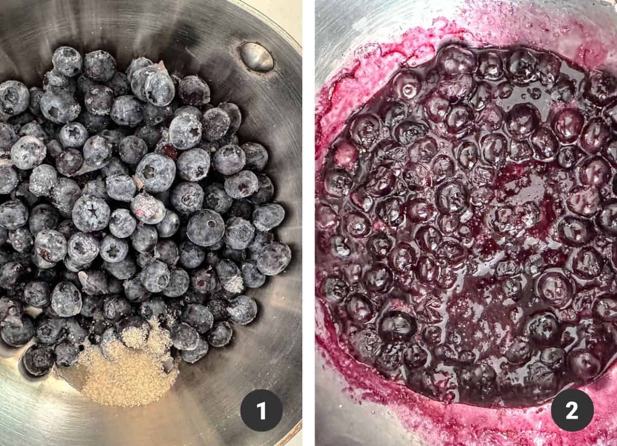 Blueberries, sugar, water in pan cooking.