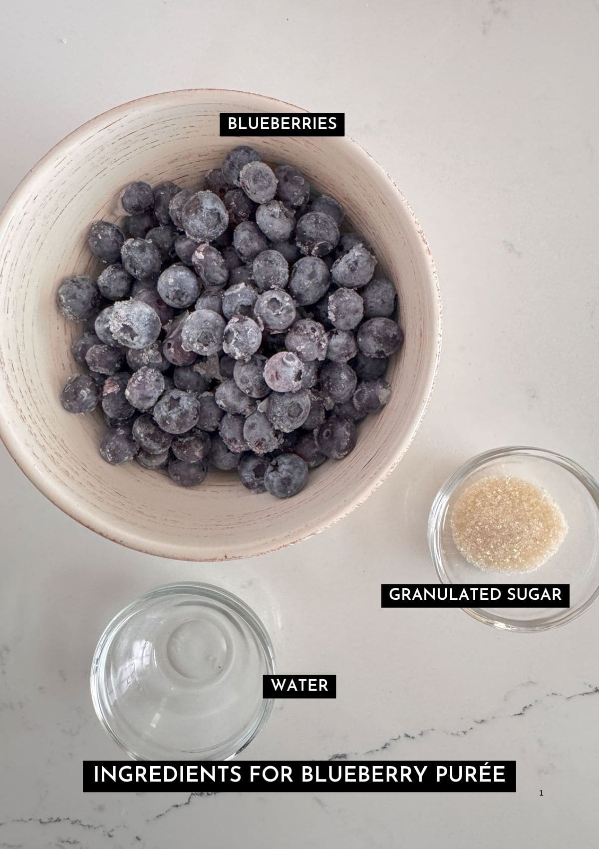 Blueberries, water, and sugar in individual dishes.