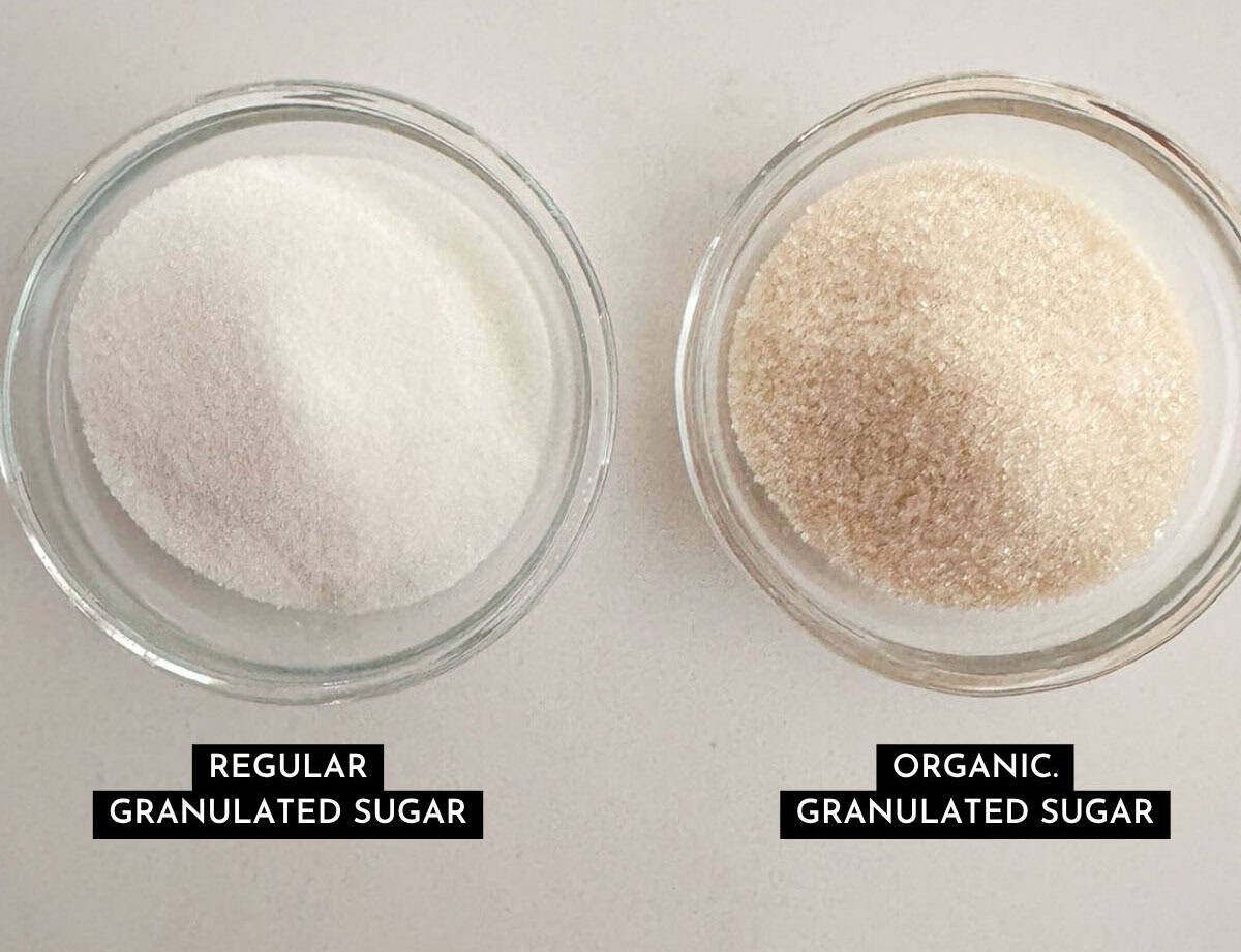 One bowl of regular granulated sugar and one bowl of organic granulated sugar.