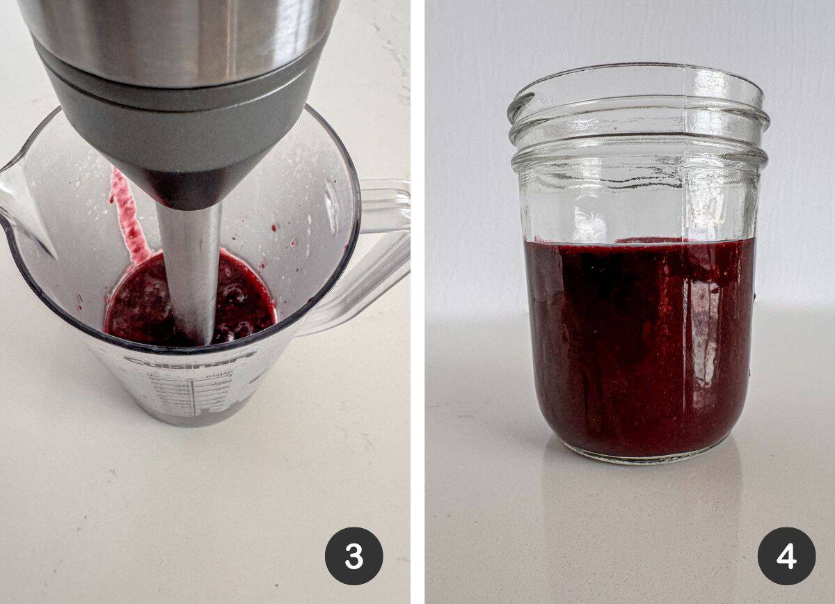 Immersion blender blending blueberry puree.