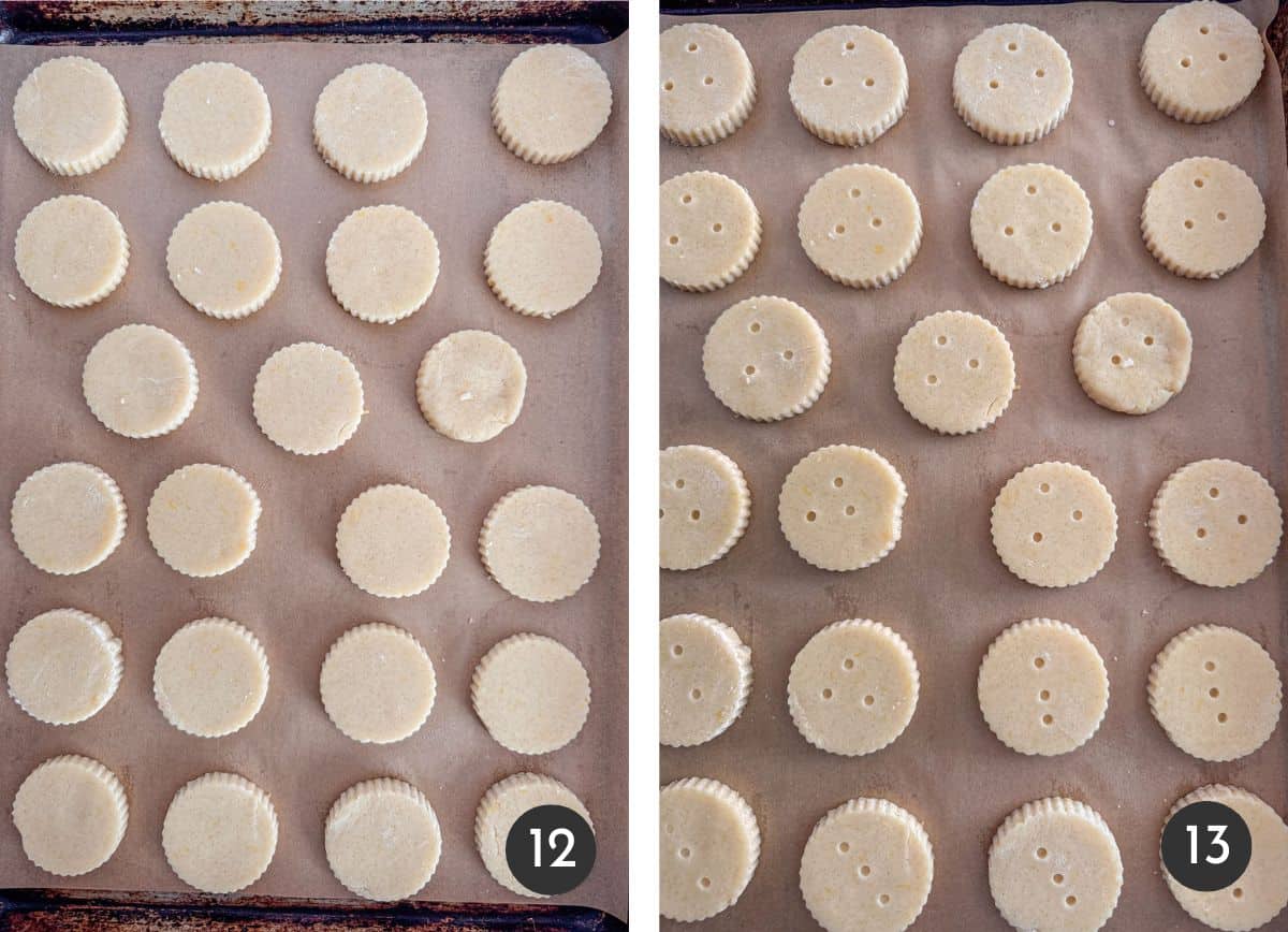 Sheet pan of unbaked lemon shortbread cookies with docking holes and without.